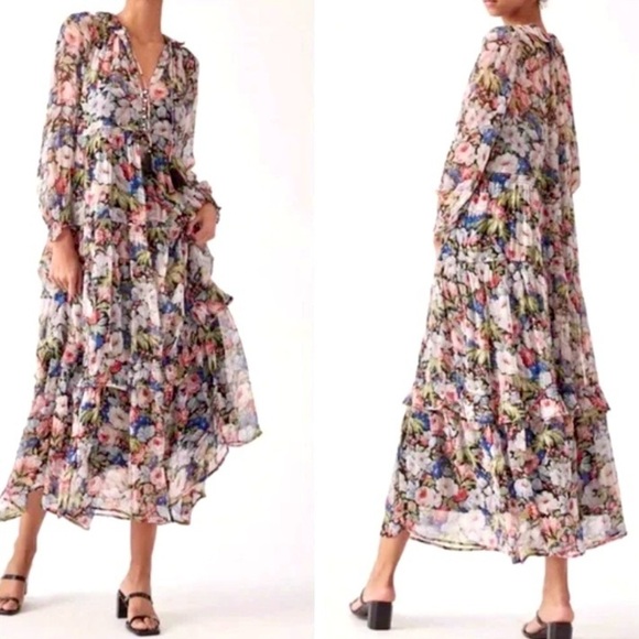 Anthropologie The Marais Printed Chiffon Maxi Dress Size XS Sheer Ruffled Tiers - Picture 6 of 16